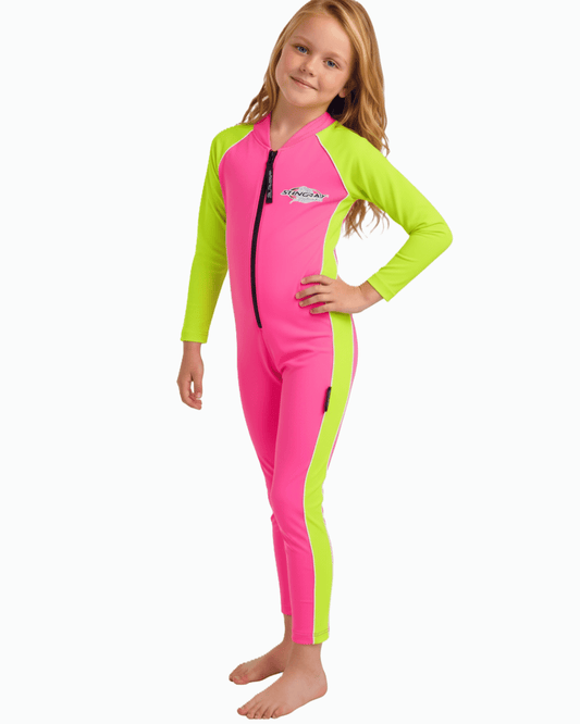 Girl wearing a pink and yellow full body upf 50+ swimsuit on a white background
