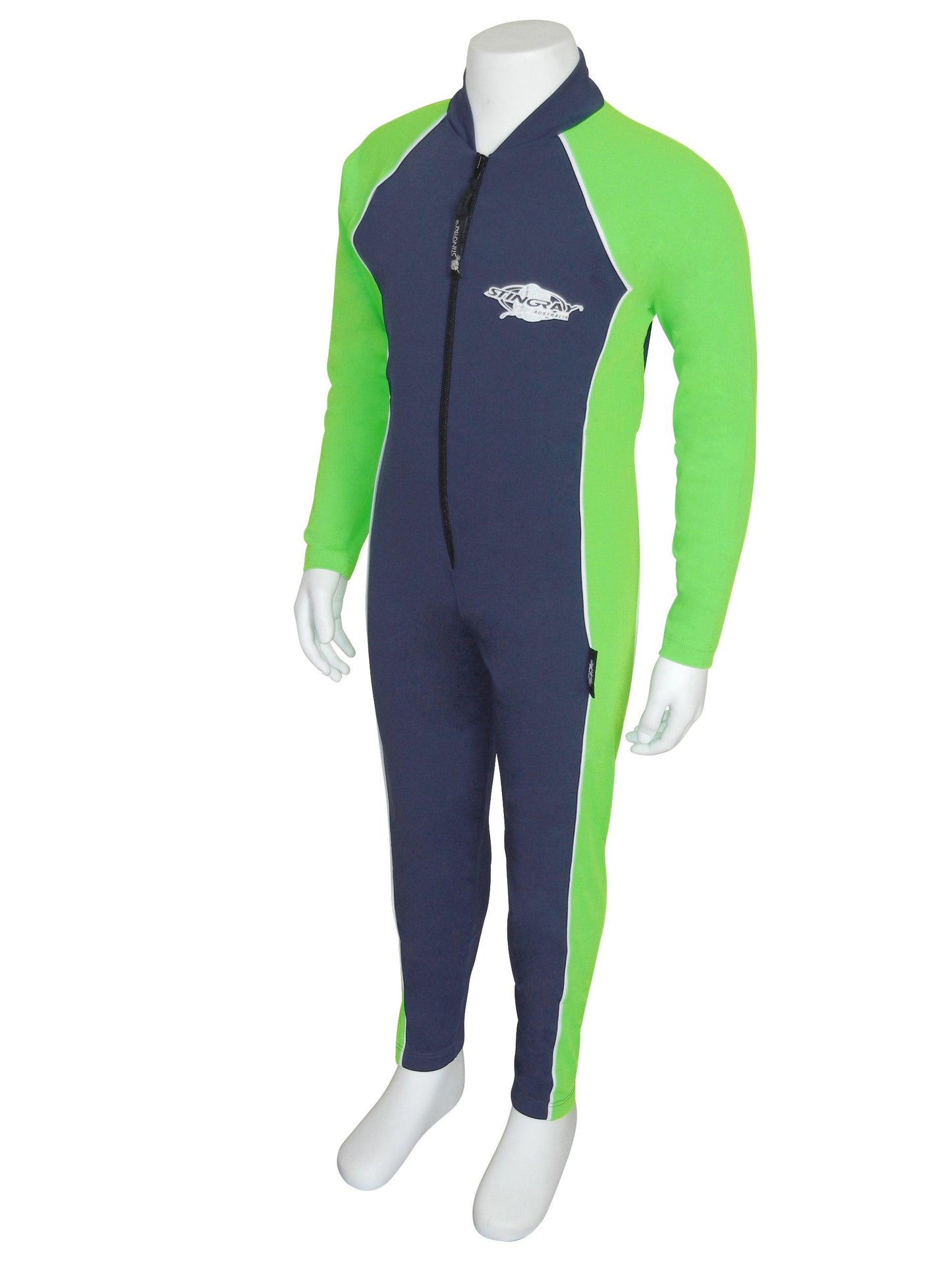 Navy and lime Stingray Toddler Kids' Full-Body Stinger Sunsuit, showcasing its UPF 50+ protection and sleek, comfortable design.