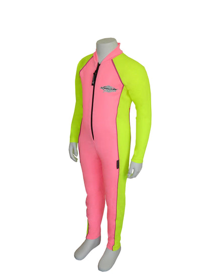 Pink and yellow Stingray Kids' Full-Body Stinger Sunsuit, showcasing its UPF 50+ protection and sleek, comfortable design.