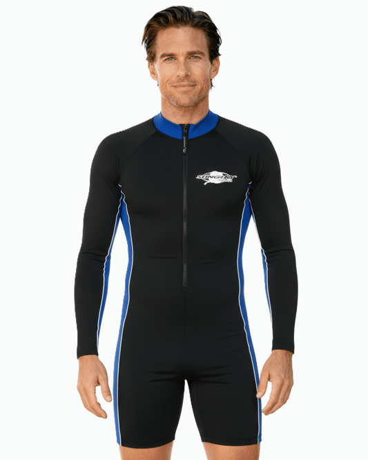 Man wearing long sleeve black and blue UV protection sunsuit with a Stingray logo on a white background