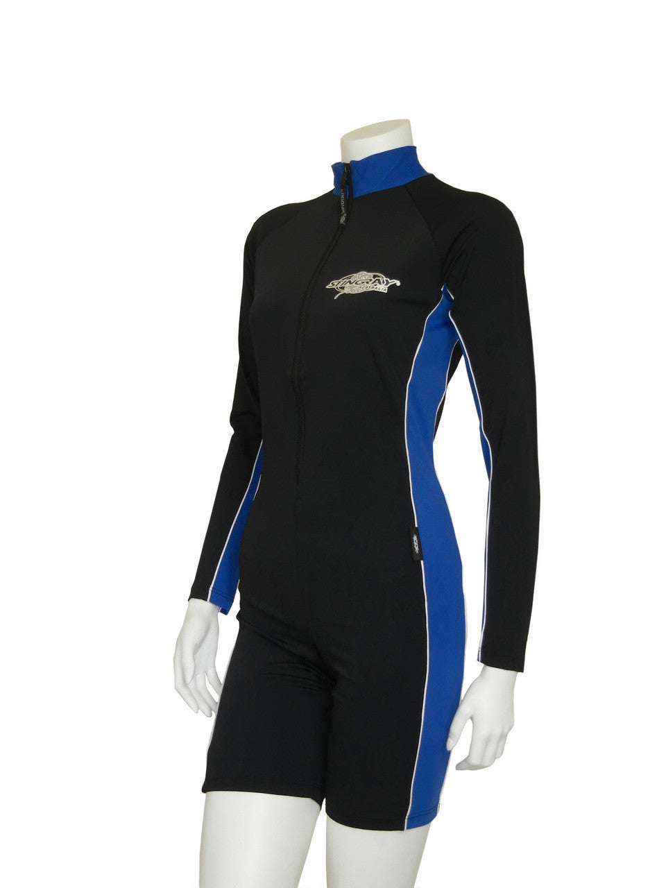 Stingray black and ocean blue unisex adult long sleeve sunsuit offering full arm protection with UPF 50+ sun protection, made from chlorine-resistant fabric for water and outdoor activities.