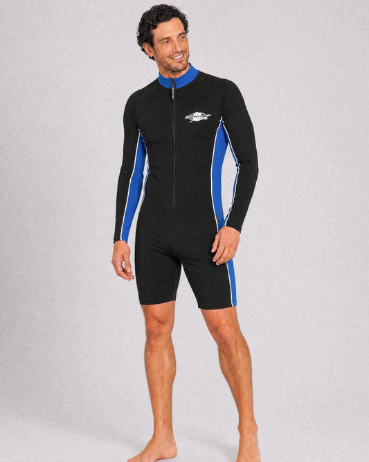 Man wearing a black and blue long sleeve UV swimsuit UPF 50+ on a gray background
