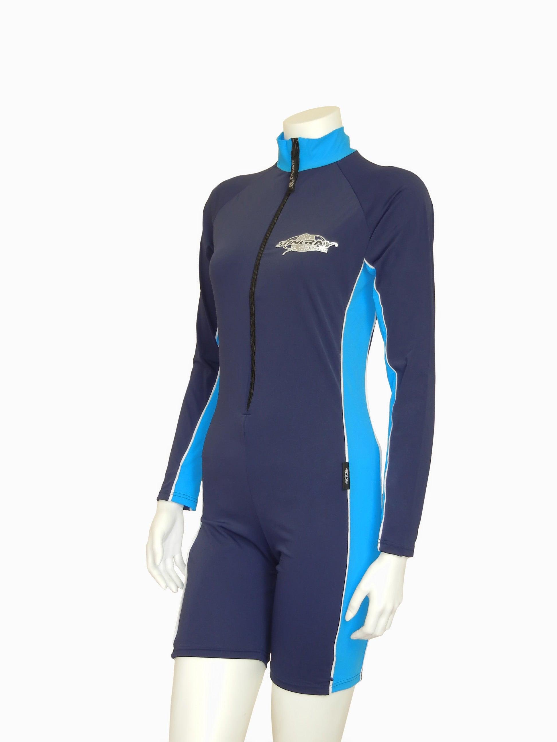 Stingray navy and azure unisex long sleeve rash shirt with UPF 50+ sun protection, made from chlorine-resistant Italian fabric for swimming and outdoor activities.