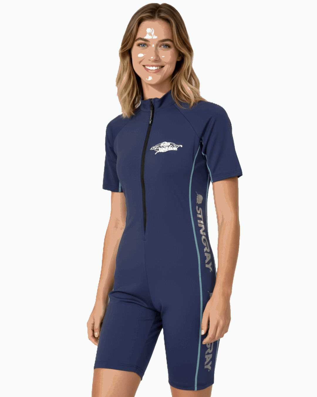 Woman wearing a navy blue UV protecction (UPF 50+) swimsuit with a Stingray logo on a white background