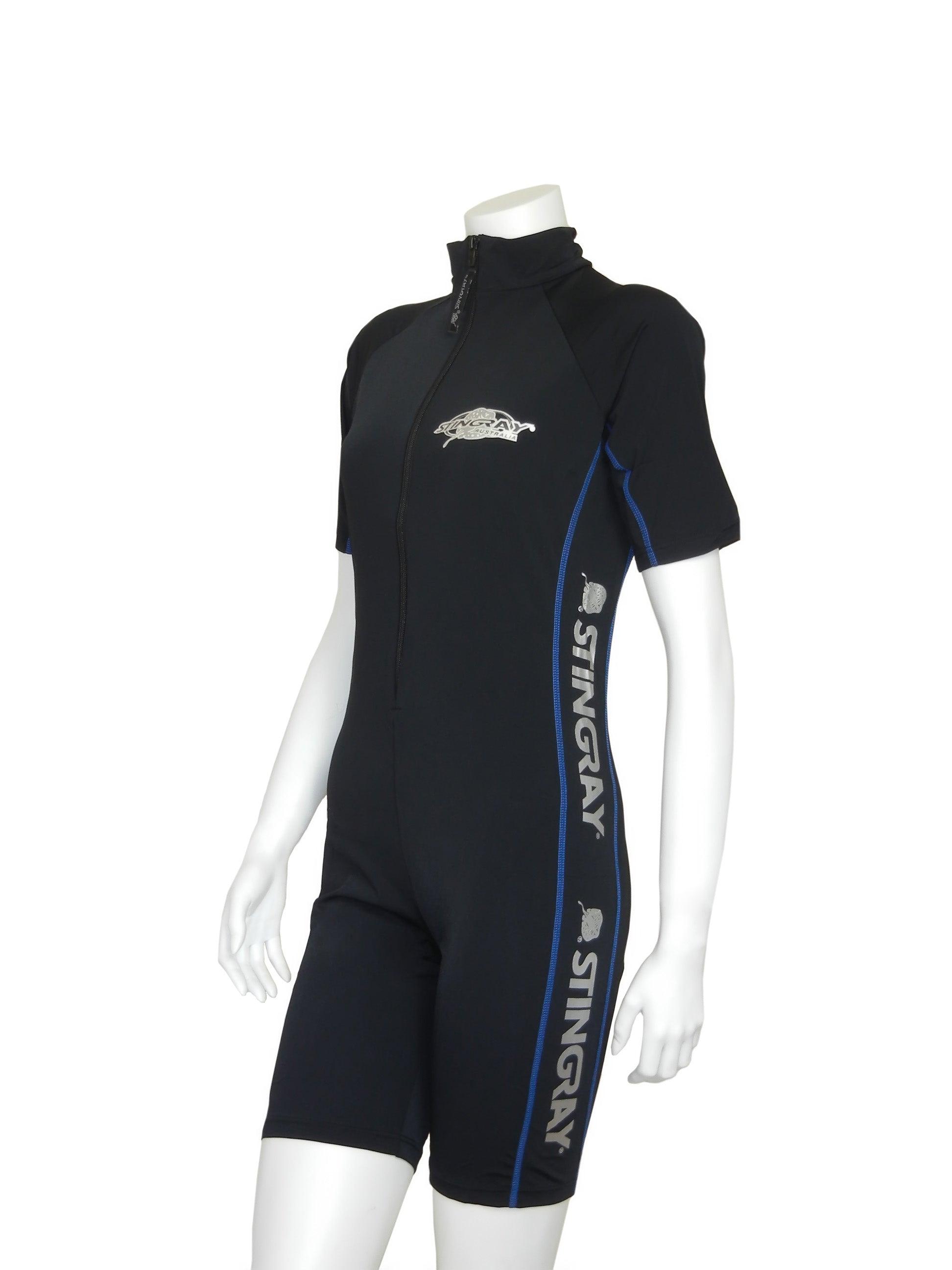 Black with blue stitching Stingray unisex adult short sleeve sunsuit - sport style with UPF 50+ sun protection. This swim suit is made from chlorine-resistant, quick-drying fabric.