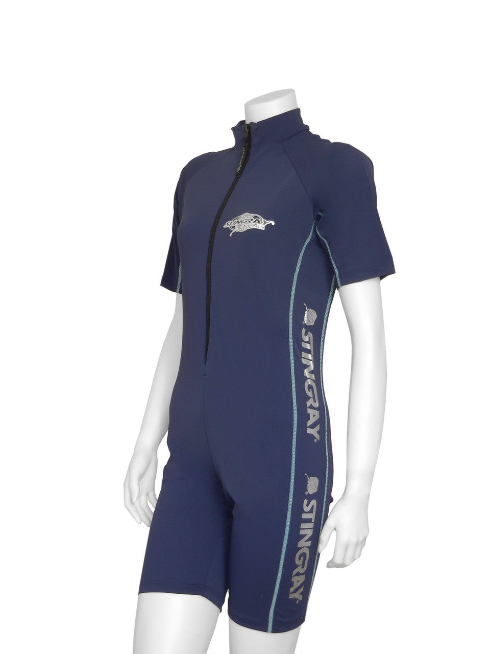 Navy with silver stitching Stingray unisex adult short sleeve sunsuit - sport style with UPF 50+ sun protection. This swim suit is made from chlorine-resistant, quick-drying fabric.