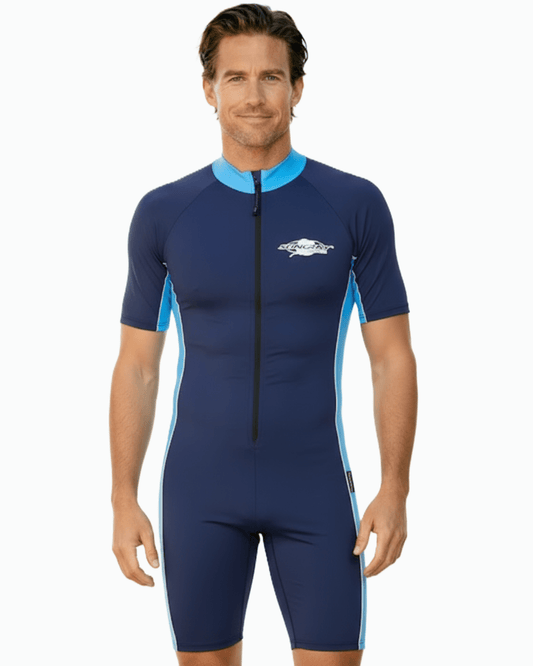 Man wearing a blue and light blue UPF 50+ UV sunsuit on a white background