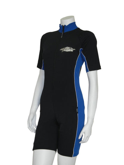 Black and royal blue Stingray unisex adult short sleeve sunsuit with UPF 50+ sun protection. This swim suit is made from chlorine-resistant, quick-drying fabric for outdoor and water activities.