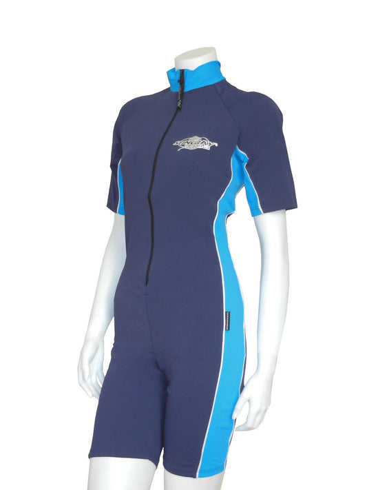 Navy and azure Stingray unisex adult short sleeve sunsuit with UPF 50+ sun protection. This swim suit is made from chlorine-resistant, quick-drying fabric for outdoor and water activities.