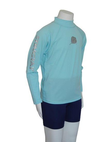 Aqua blue Stingray Kids' Long Sleeve Rash Shirt UPF 50+ featuring long sleeves, a high collar, and a sleek, sun-protective design. Made from soft, chlorine-resistant fabric with the logo down the arm and on the front-centre.