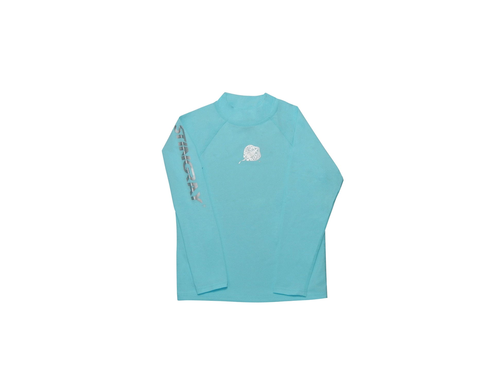 Flat Aqua blue Stingray Kids' Long Sleeve Rash Shirt UPF 50+ featuring long sleeves, a high collar, and a sleek, sun-protective design. Made from soft, chlorine-resistant fabric with the logo down the arm and on the front-centre.