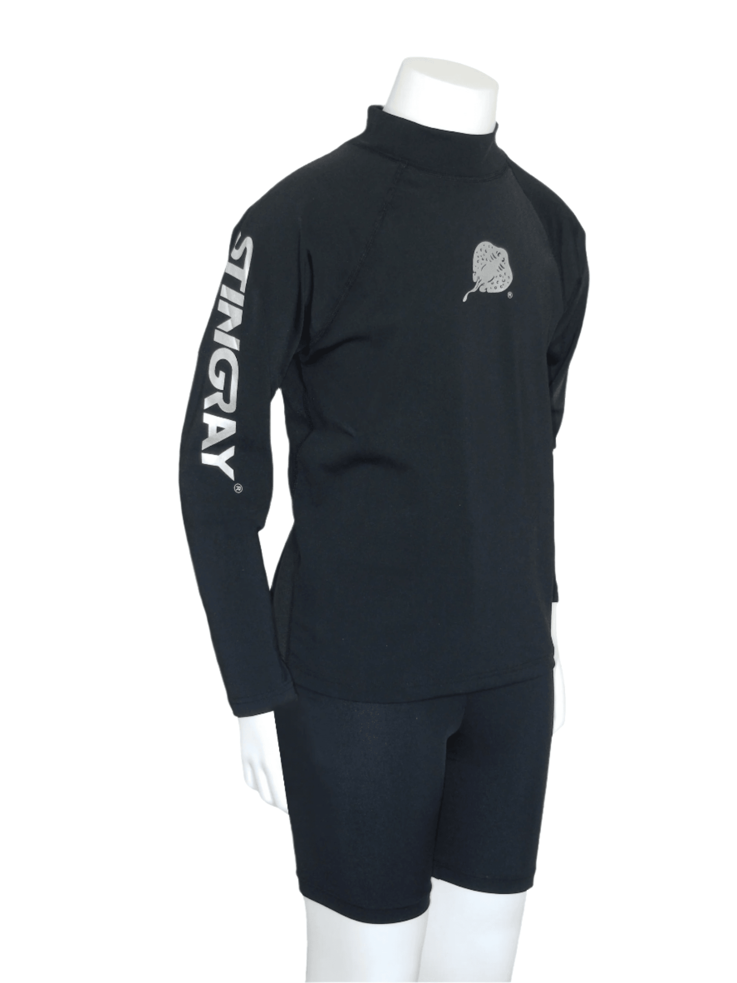 Black Stingray Kids' Long Sleeve Rash Shirt UPF 50+ featuring long sleeves, a high collar, and a sleek, sun-protective design. Made from soft, chlorine-resistant fabric with the logo down the arm and on the front-centre.