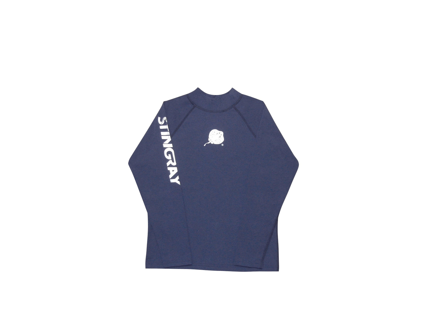 Flat Navy Stingray Kids' Long Sleeve Rash Shirt UPF 50+ featuring long sleeves, a high collar, and a sleek, sun-protective design. Made from soft, chlorine-resistant fabric with the logo down the arm and on the front-centre.