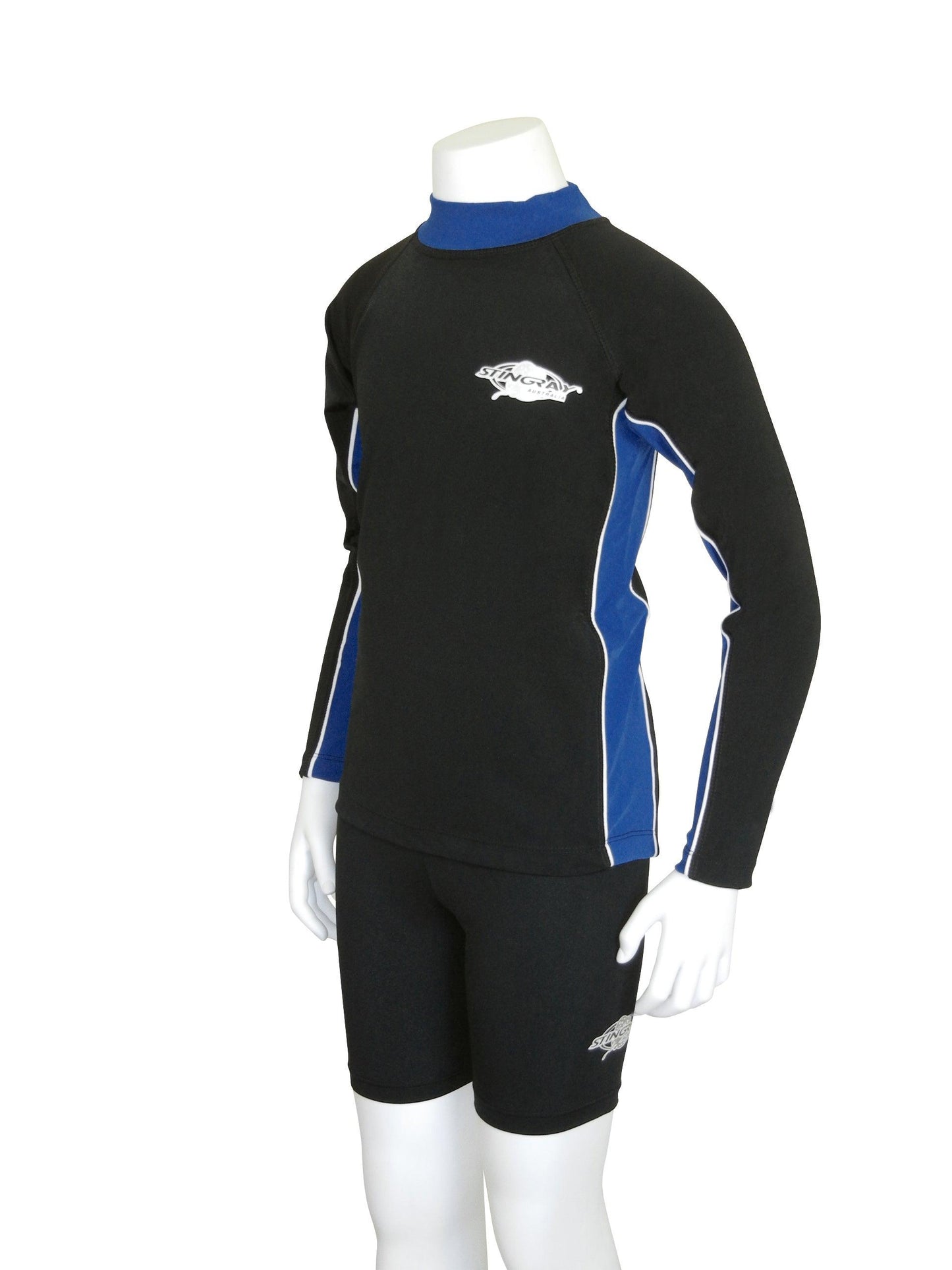 Black and royal blue Stingray Kids' Long Sleeve Rash Shirt with long sleeves, bright colour, designed for UPF50+ protection, made from breathable, durable, chlorine-resistant fabric for active kids.