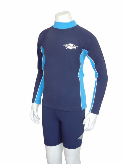 Navy and azure Stingray Kids' Long Sleeve Rash Shirt with long sleeves, bright colour, designed for UPF50+ protection, made from breathable, durable, chlorine-resistant fabric for active kids.