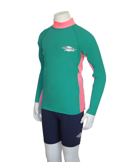 Topaz and pink Stingray Kids' Long Sleeve Rash Shirt with long sleeves, bright colour, designed for UPF50+ protection, made from breathable, durable, chlorine-resistant fabric for active kids.