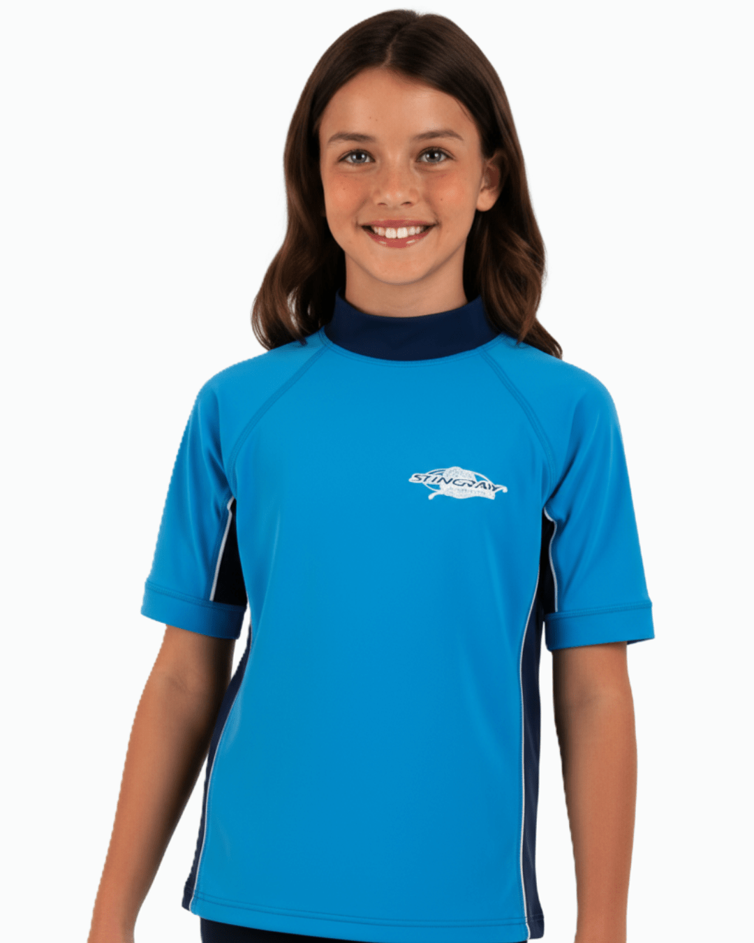 Child wearing a blue and navy short-sleeve sun protection swim shirt with a Stingray logo on a white background