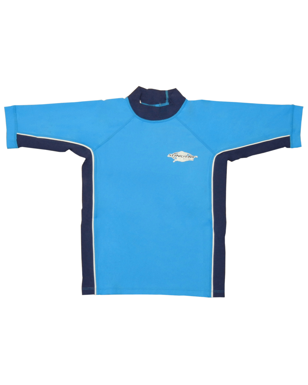 Kids blue long-sleeve sun protection swim shirt with navy accents on a white background