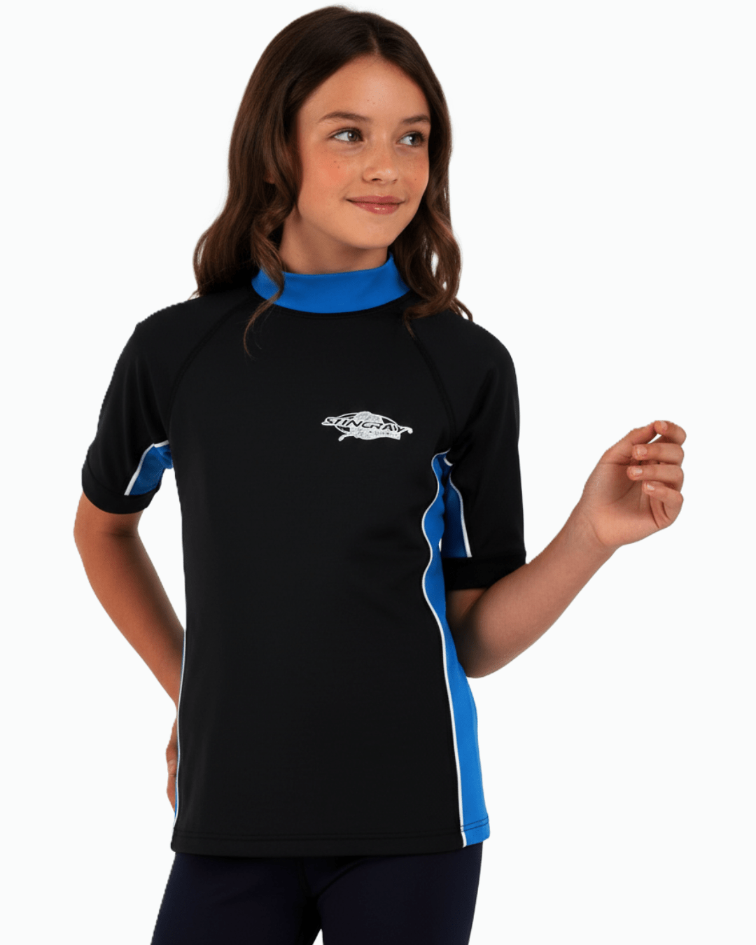 Girl wearing a black and blue sun shirt with a Stingray logo on a white background