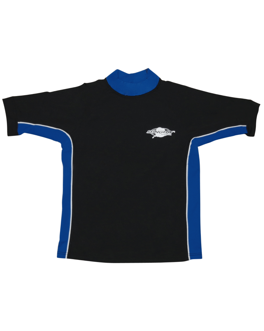 Kids black and blue sun protection sun shirt with a Stingray logo on a white background
