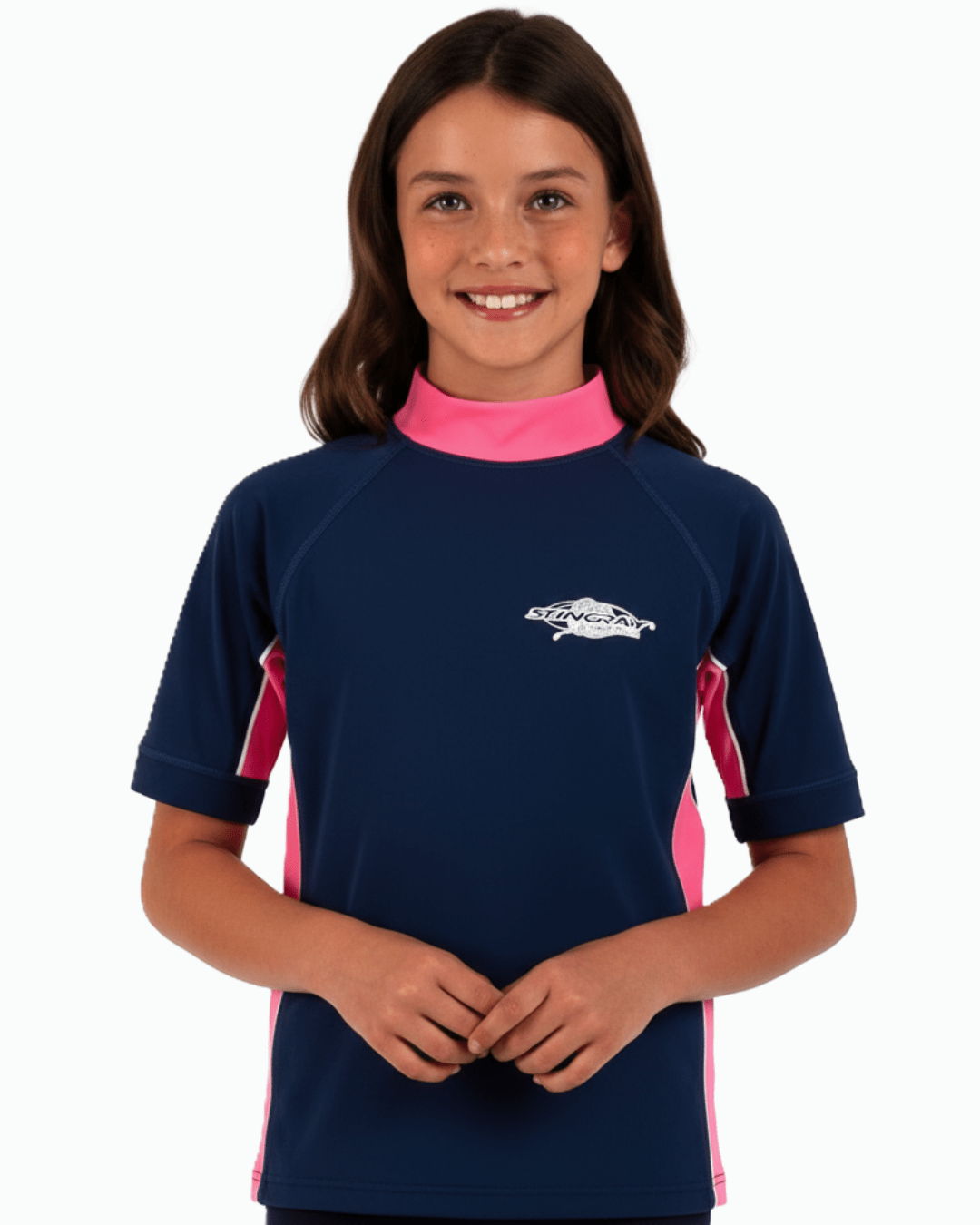 Girl wearing a navy and pink sun shirt with a Stingray logo on a white background