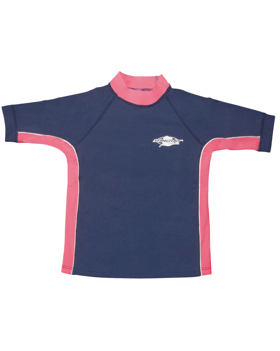 Kids navy and pink short-sleeve sun shirt with a Stingray logo on a white background