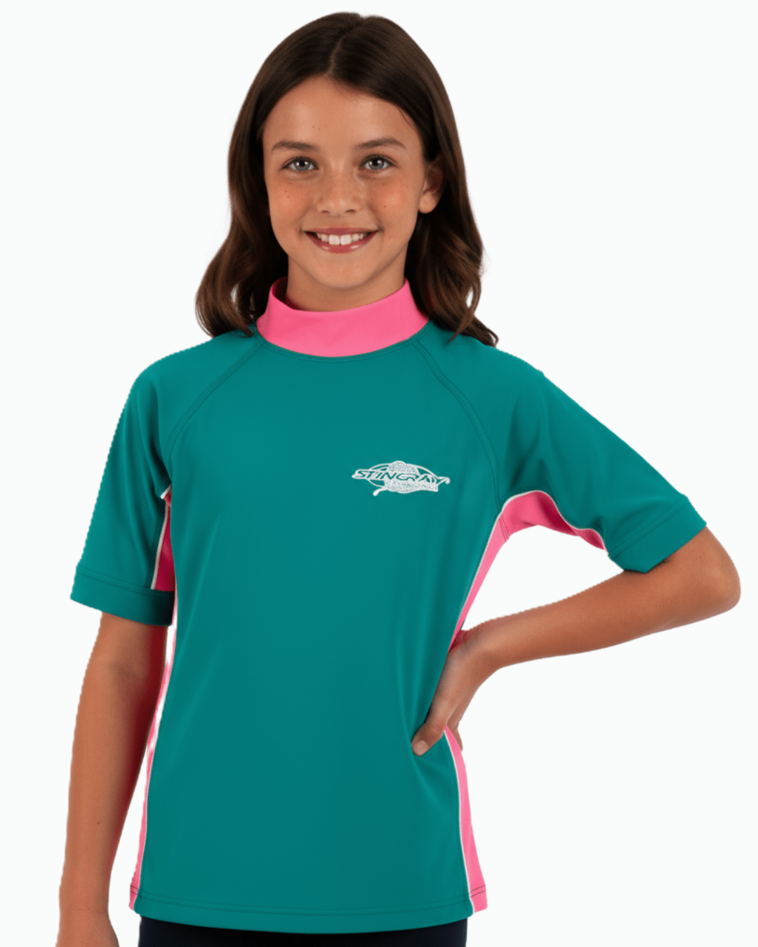 Girl wearing a teal and pink UPF 50+ sun shirt with a Stingray logo on a white background