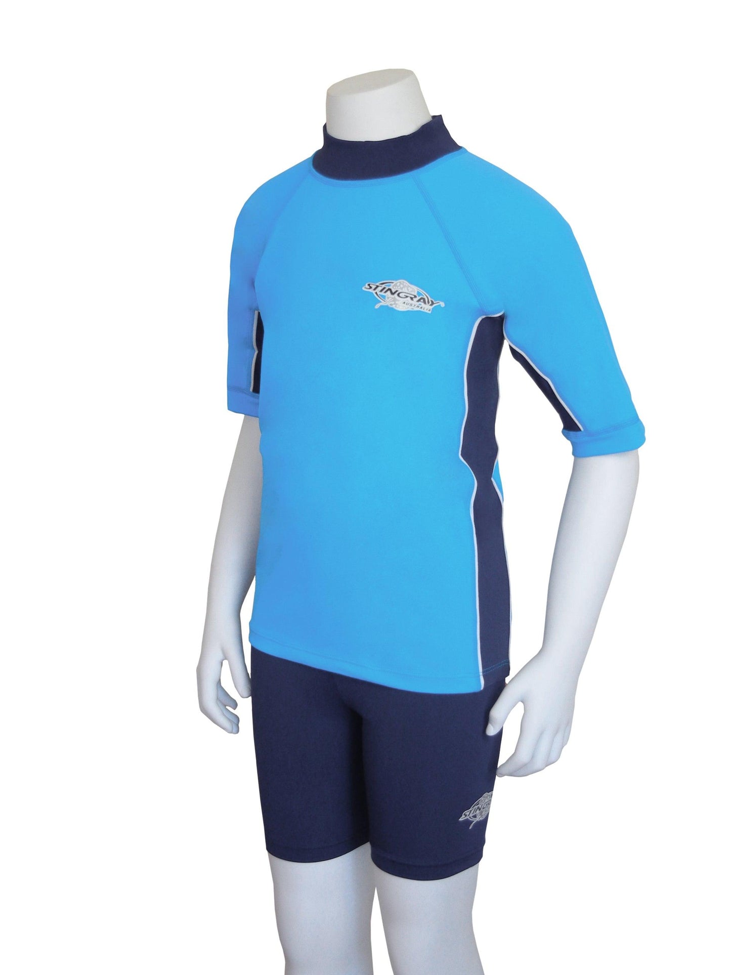 Azure and navy Stingray Kids' Short Sleeve Rash Shirt in soft, durable, chlorine-resistant fabric with UPF 50+ sun protection, ideal for outdoor and water activities.