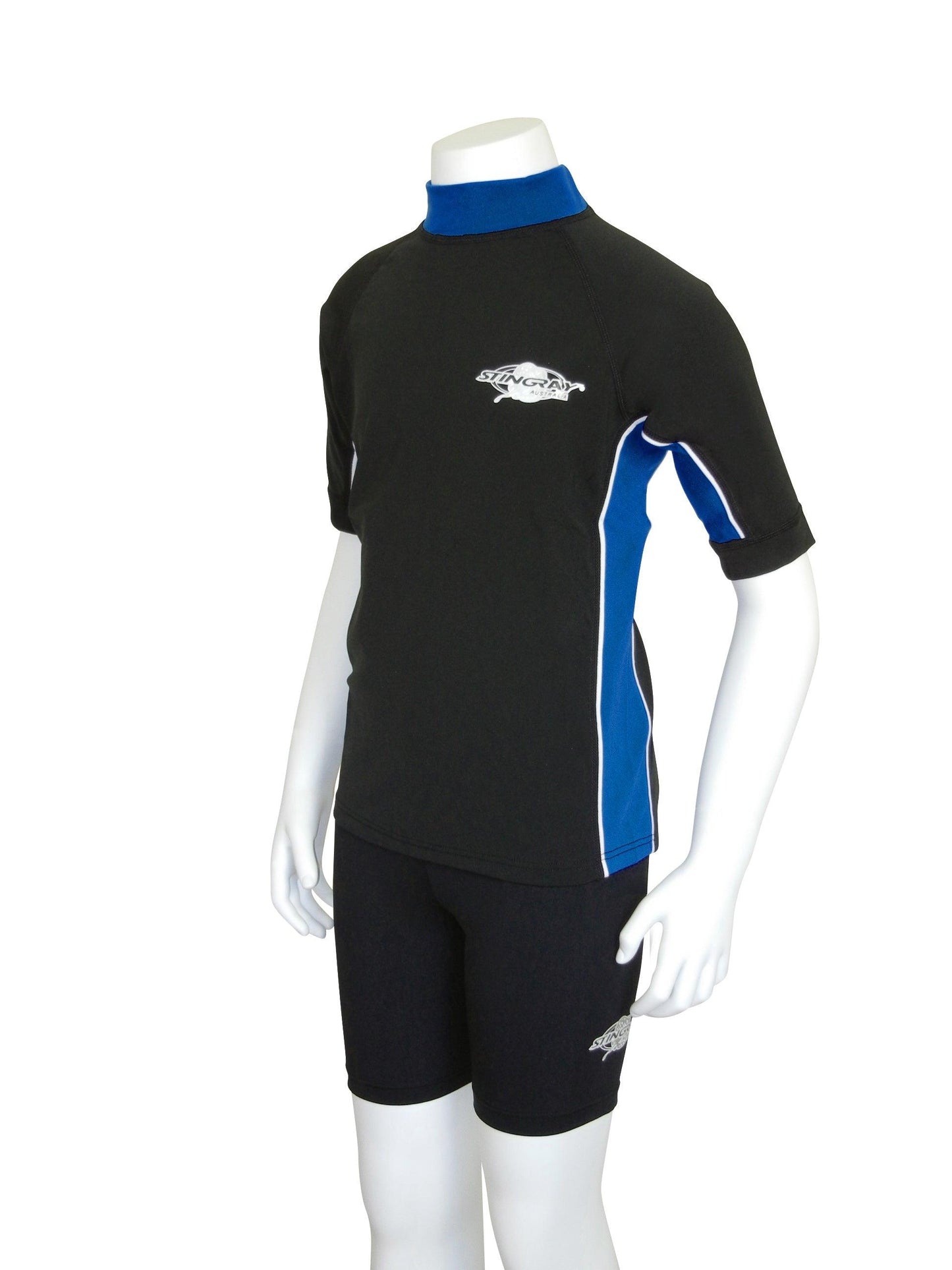 Black and royal blue Stingray Kids' Short Sleeve Rash Shirt in soft, durable, chlorine-resistant fabric with UPF 50+ sun protection, ideal for outdoor and water activities.