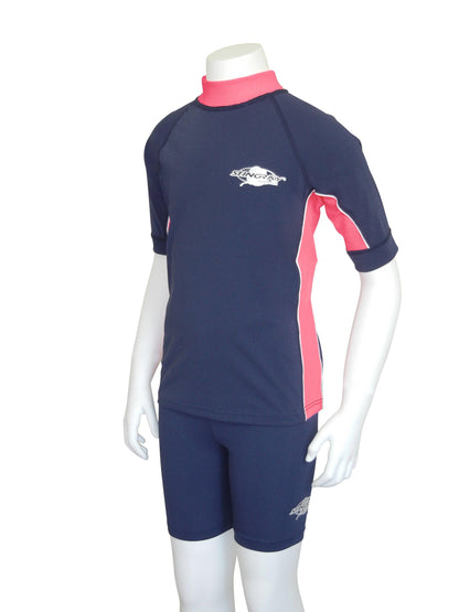 Navy and pink Stingray Kids' Short Sleeve Rash Shirt in soft, durable, chlorine-resistant fabric with UPF 50+ sun protection, ideal for outdoor and water activities.