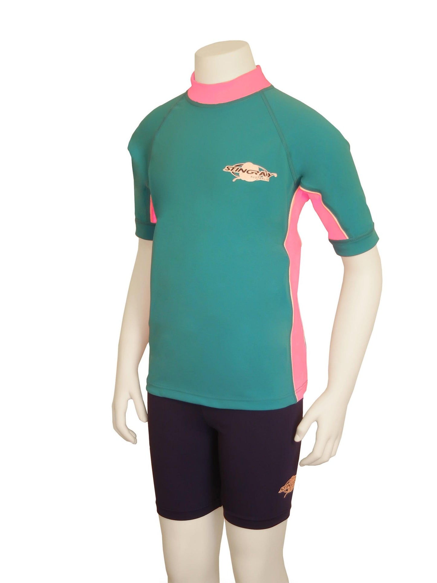 Topaz blue and pink Stingray Kids' Short Sleeve Rash Shirt in soft, durable, chlorine-resistant fabric with UPF 50+ sun protection, ideal for outdoor and water activities.