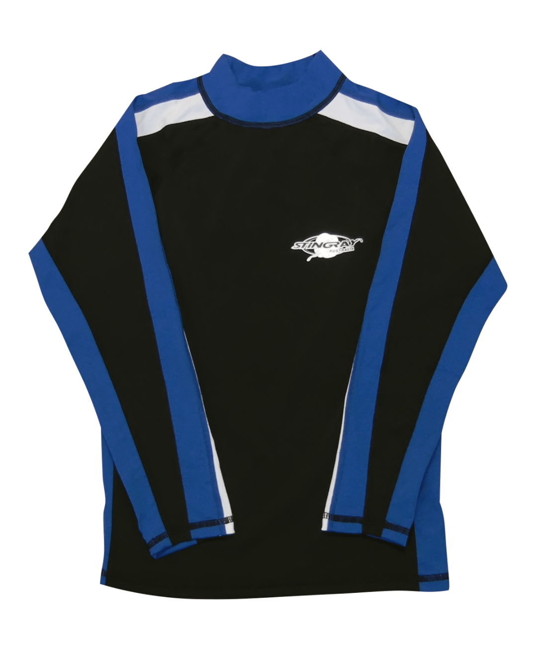 Flat lay of a kids black and blue long-sleeve UV swim shirt with a Stingray logo on a white background