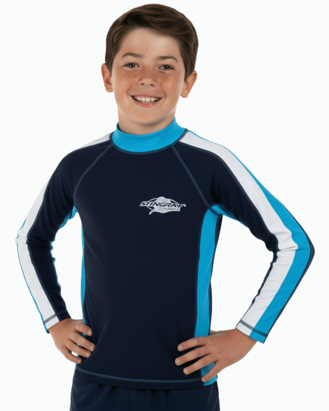 Child wearing a navy blue and blue long-sleeve UV swim shirt with a Stingray logo on a white background