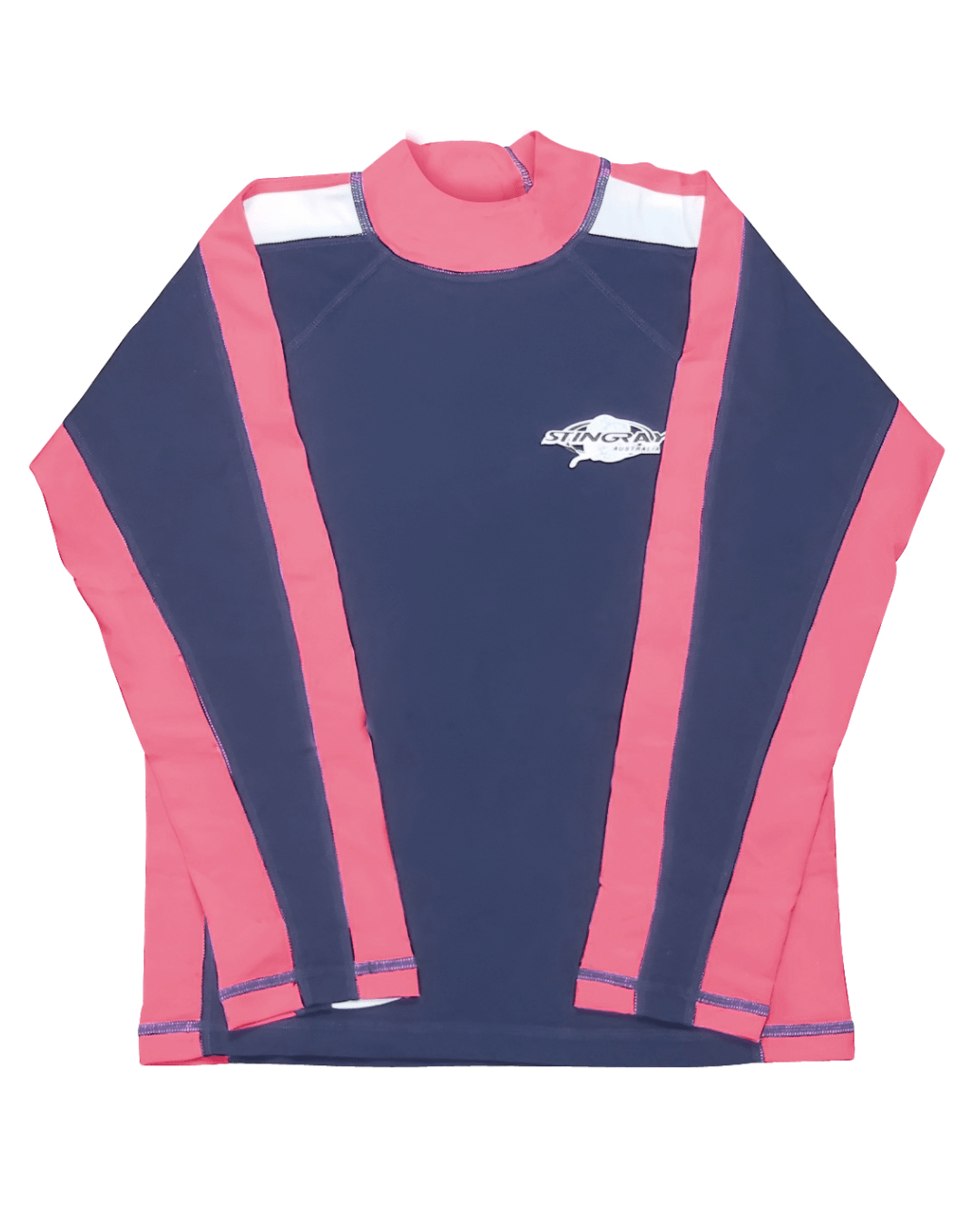 Flat lay of a kids navy and pink long-sleeve UV swim shirt with a Stingray logo on a white background