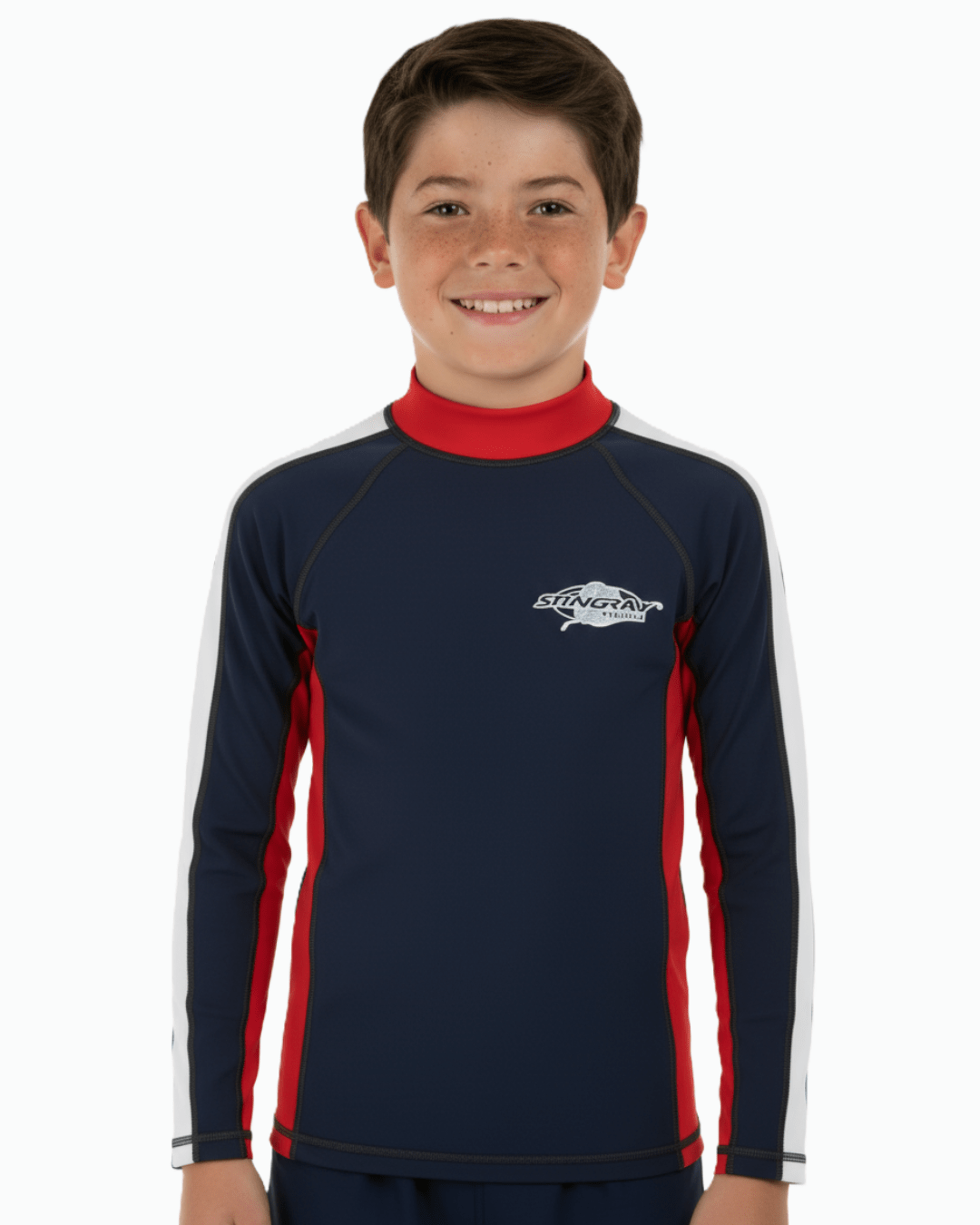 Boy wearing a navy and red long-sleeve UV swim shirt with a Stingray logo on a white background