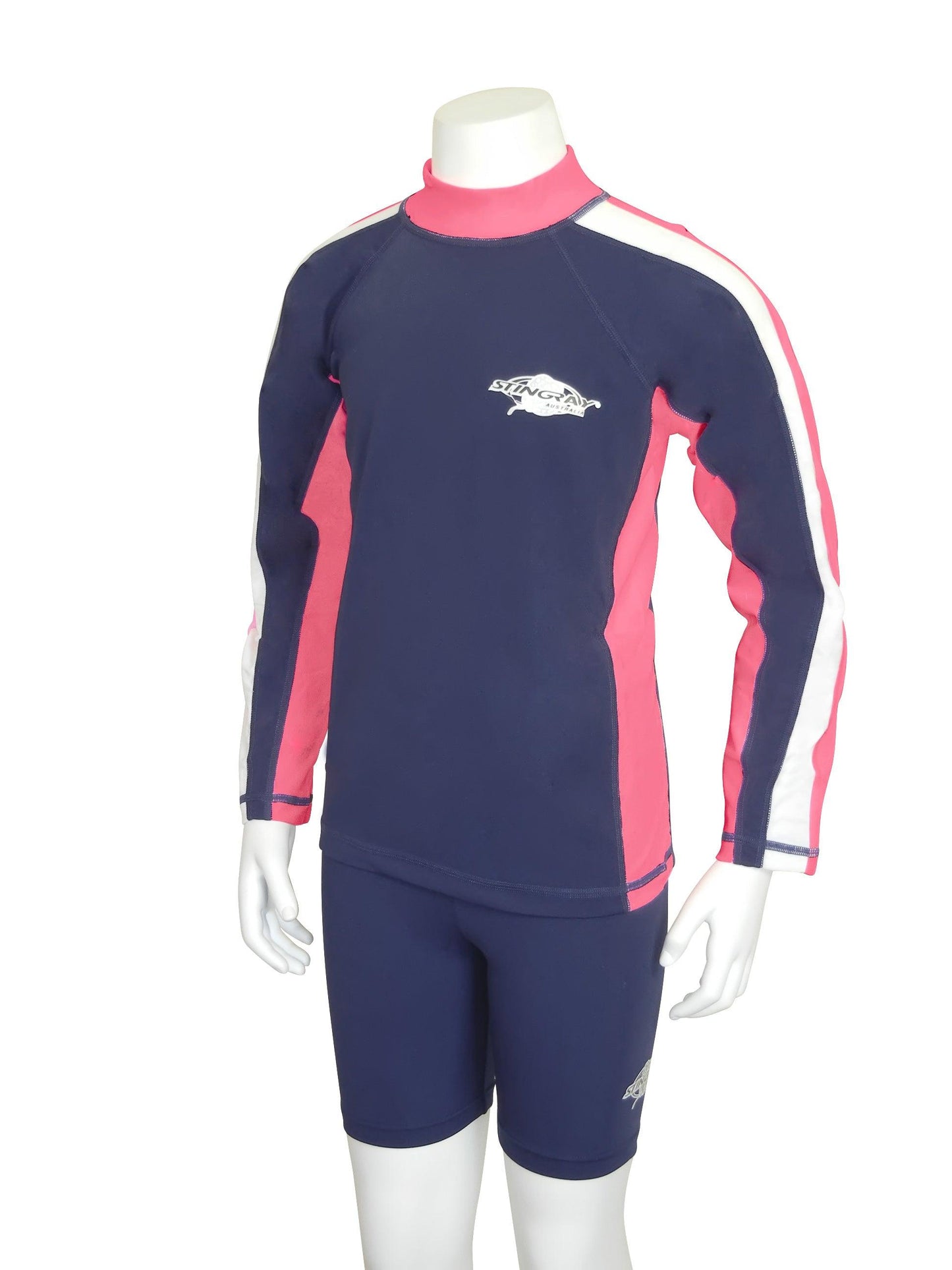 Navy pink and white Stingray Kids' Long Sleeve Rash Shirt, tri-colour design with stripe down the sleeve, offering full sun protection with UPF 50+, long sleeves, and a high collar.