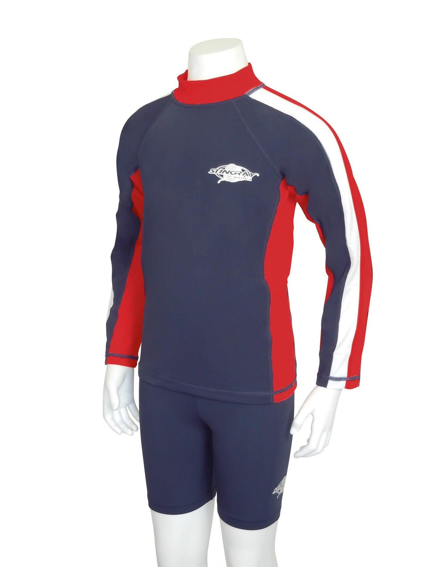 Navy red and white Stingray Kids' Long Sleeve Rash Shirt, tri-colour design with stripe down the sleeve, offering full sun protection with UPF 50+, long sleeves, and a high collar.