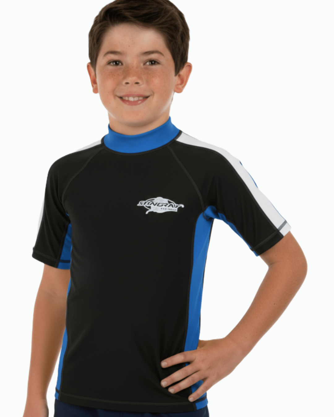 Boy wearing a black and blue sun protection rash shirt with a logo on a white background
