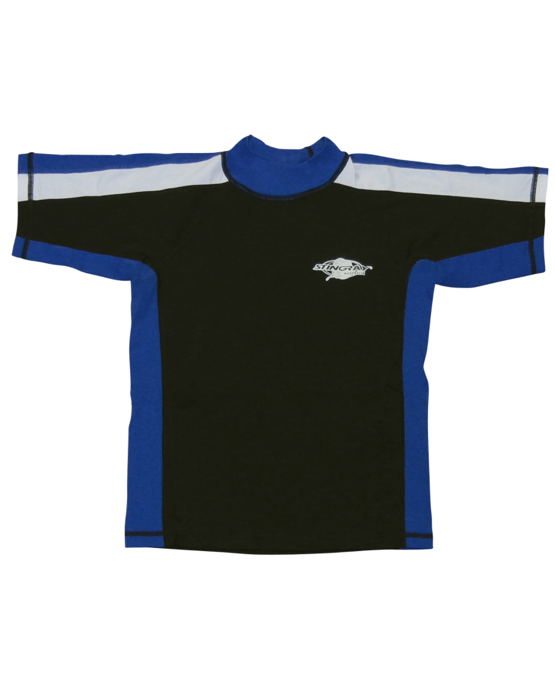 Kids black sun protection rash shirt with ocean blue and white short sleeves on a white background