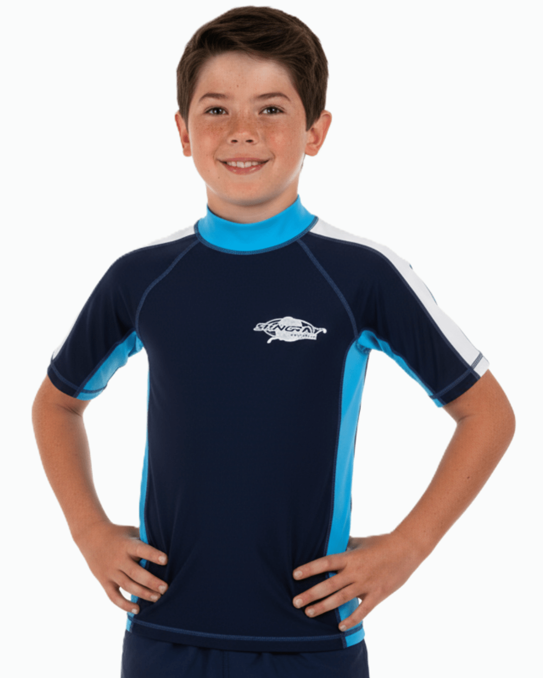 Child wearing a navy and blue UPF 50+ Rash Guard with a Stingray logo on a white background