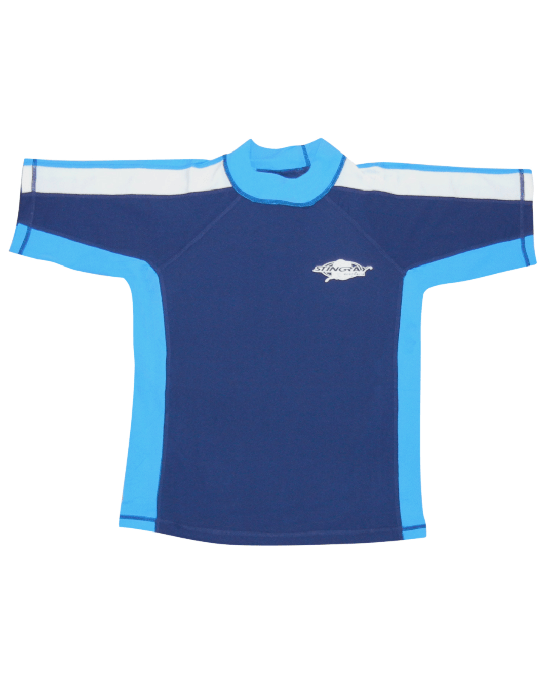 Kids blue and white short-sleeve swim shirt with a Stingray logo on a white background