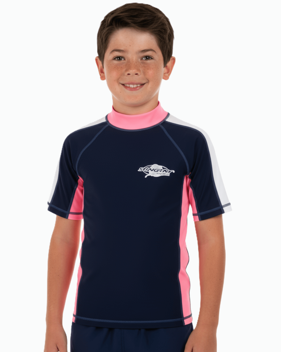 Child wearing a navy and pink UPF 50+ rash vest with a Stingray logo on a white background
