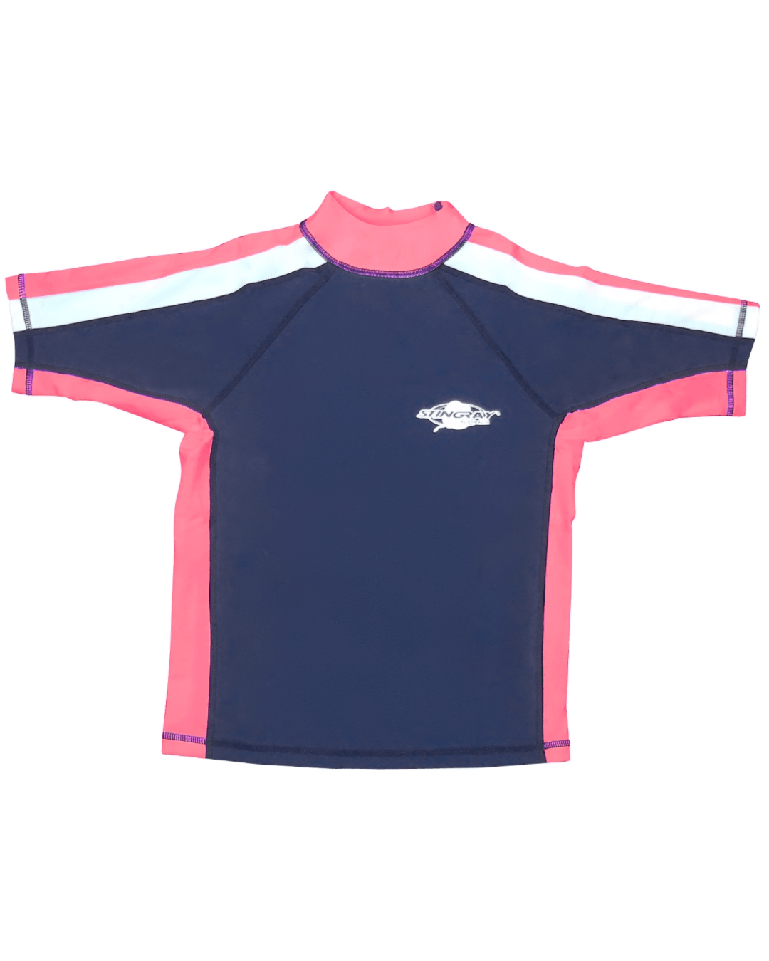Kids navy and pink UPF 50+ short-sleeve sun protection swim shirt with a Stingray logo on a white background