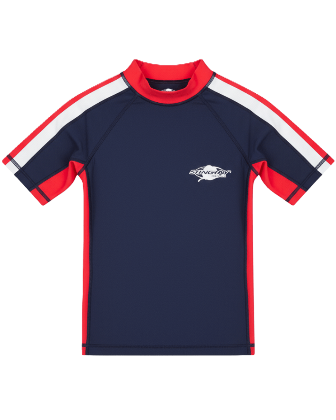 Kids navy and red short-sleeve upf swim shirt with a Stingray logo on a white background