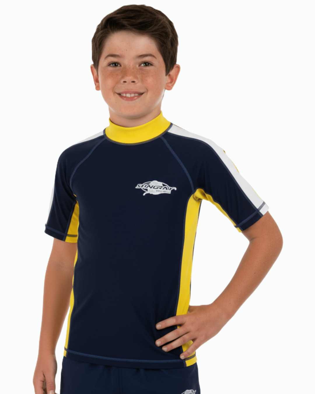 Child wearing a navy and yellow UPF 50+ swim shirt with a Stingray logo on a white background