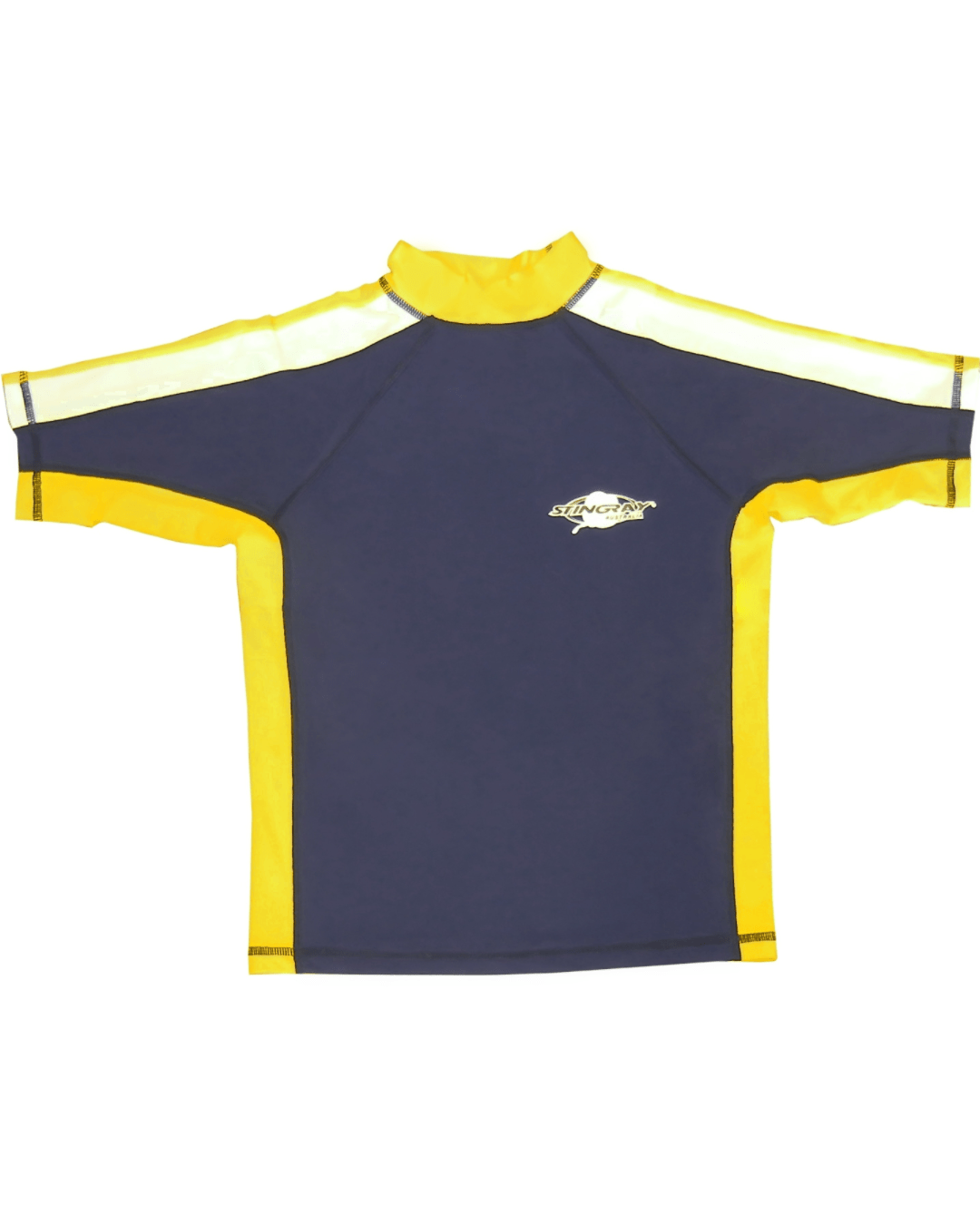 Kids navy and yellow upf swim shirt with a Stingray logo on a white background