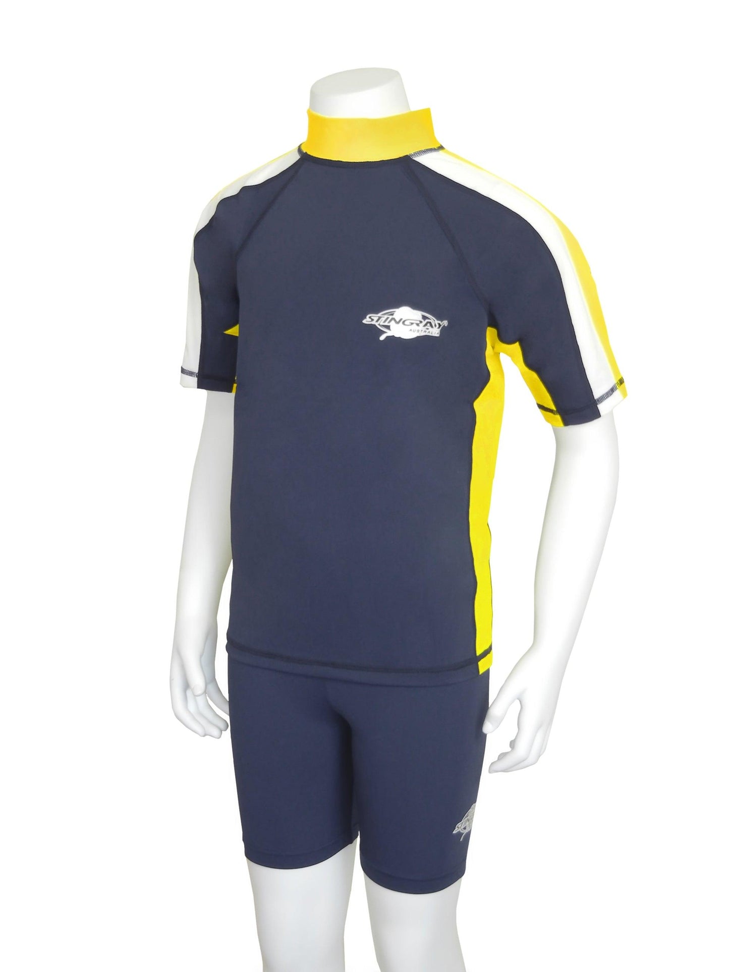 Navy yellow and white stripe Stingray Kids' Short Sleeve Rash Shirt with tri-colour sleeve stripes, crafted from chlorine-resistant fabric, offering UPF 50+ sun protection for outdoor and water activities.