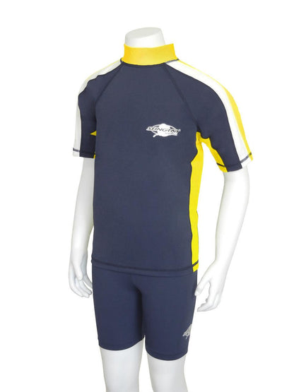 Best navy yellow and white Stingray adult short sleeve rash shirt with UPF 50+ sun protection, made from chlorine-resistant fabric, providing comfort for outdoor and water activities.