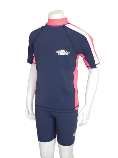 Navy pink and white Stingray Kids' Short Sleeve Rash Shirt with tri-colour sleeve stripes, crafted from chlorine-resistant fabric, offering UPF 50+ sun protection for outdoor and water activities.