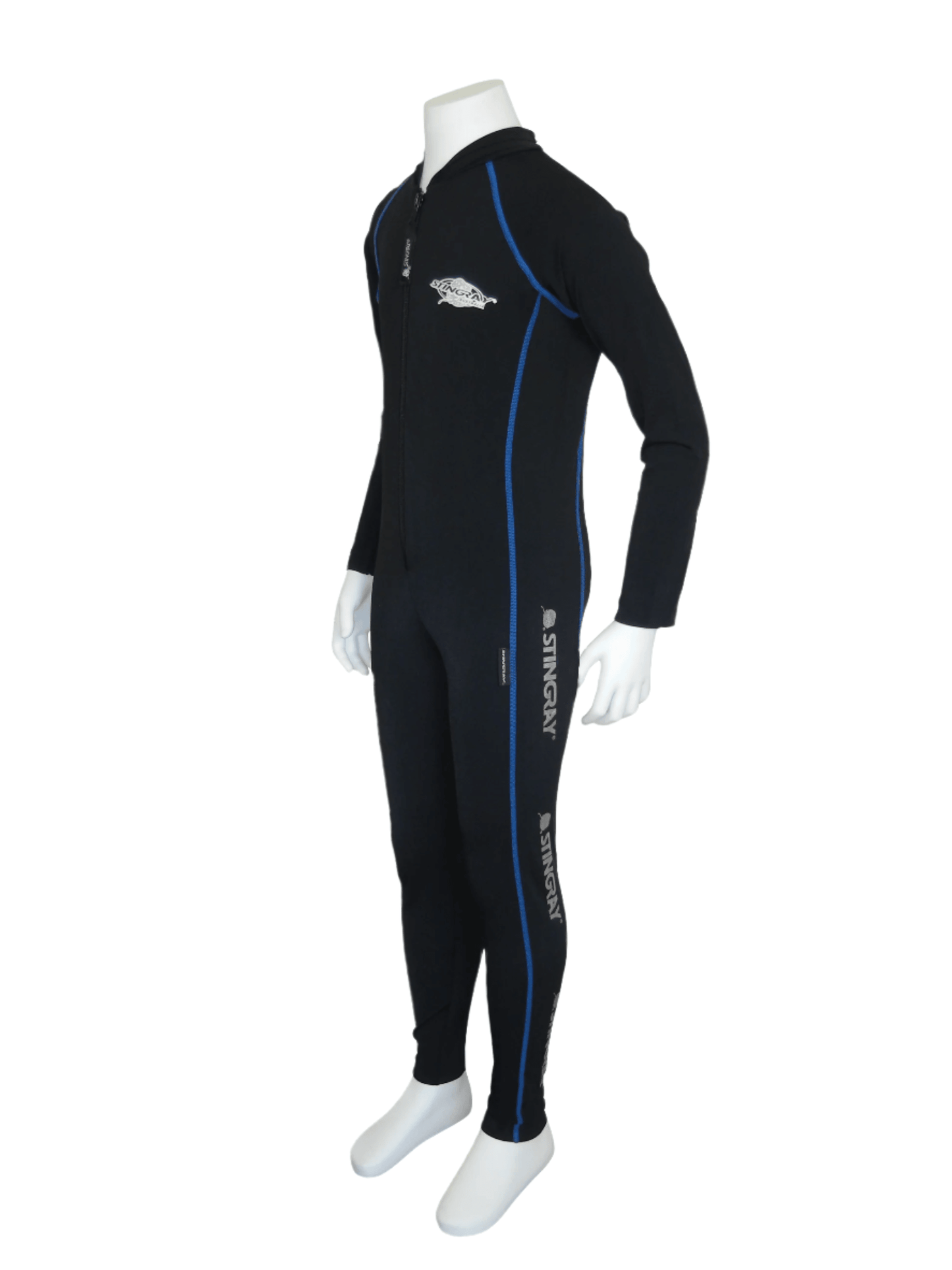 Black with blue stitching Stingray Kids' Full-Body Stinger Sunsuit - Sport Style, offering UPF 50+ sun protection and sleek design for swimming and outdoor activities.